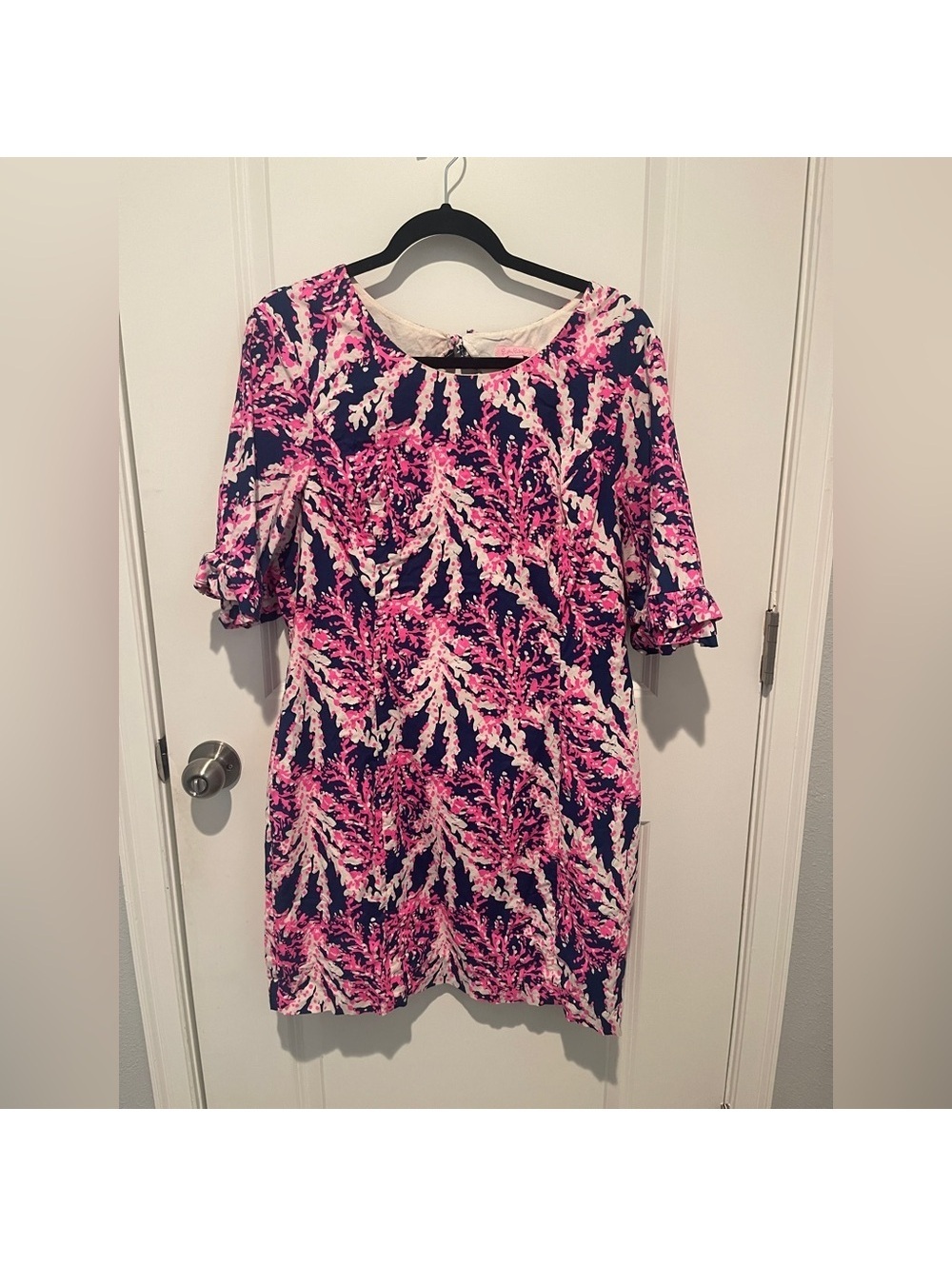 Lilly Pulitzer Fiesta stretch dress Natuti navy beyond the sea mod ruffle Coral